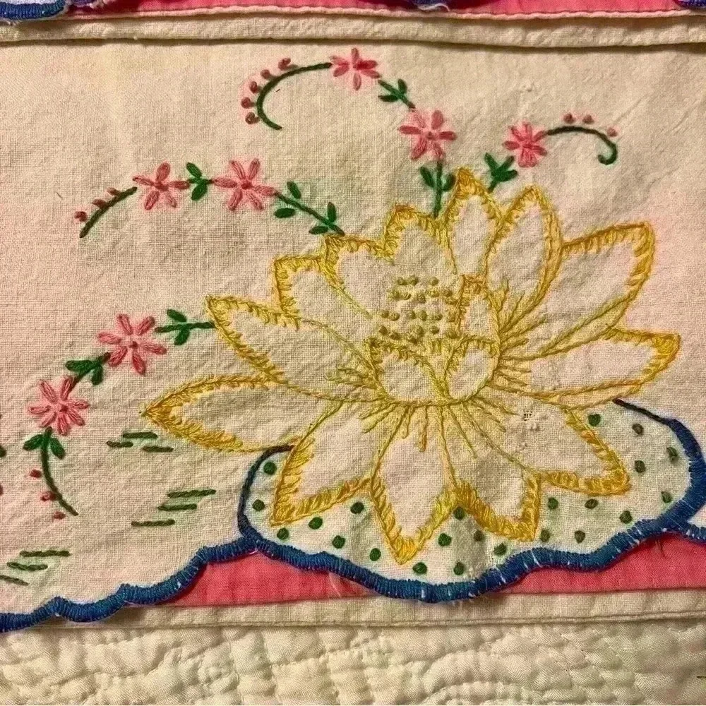 Set of 2 vintage handmade embroidered flour sack pillowcases lotus flower